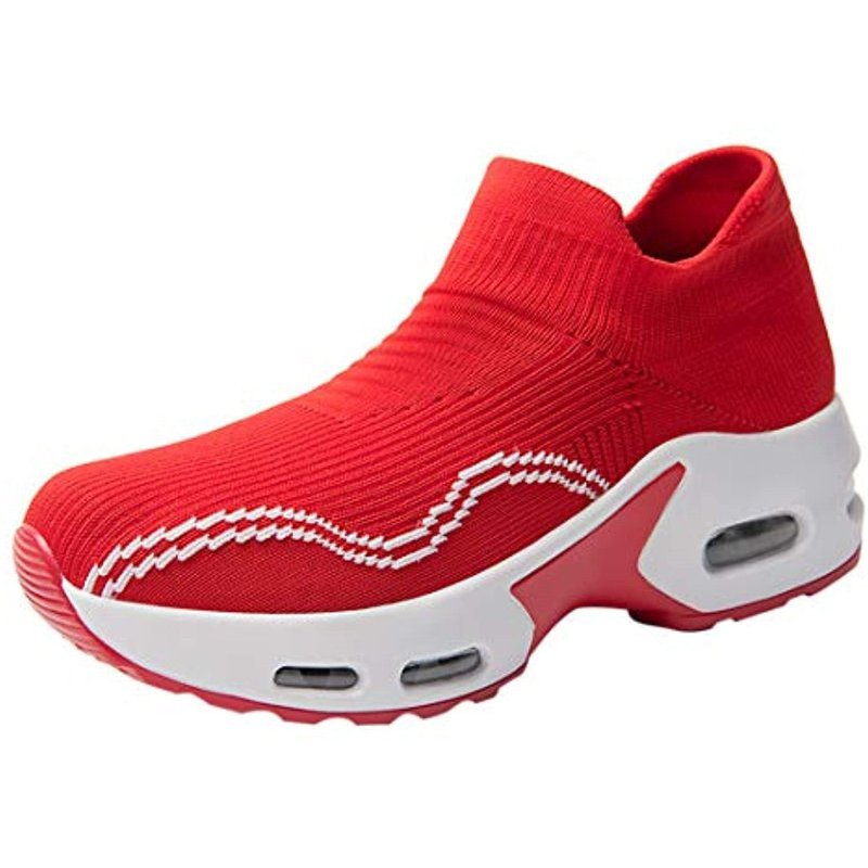 MoneRffi Womens Walking Shoes Sock Sneakers Slip On Mesh Air Cushion Platform Comfort Wedge Walking Shoes Red